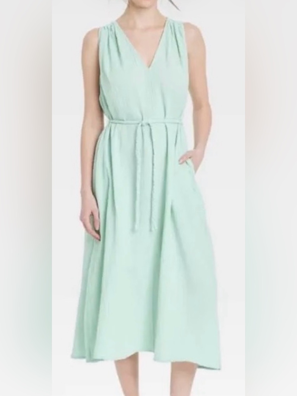 Sleeveless V-Neck  Mint Midi Dress with Tie Waist